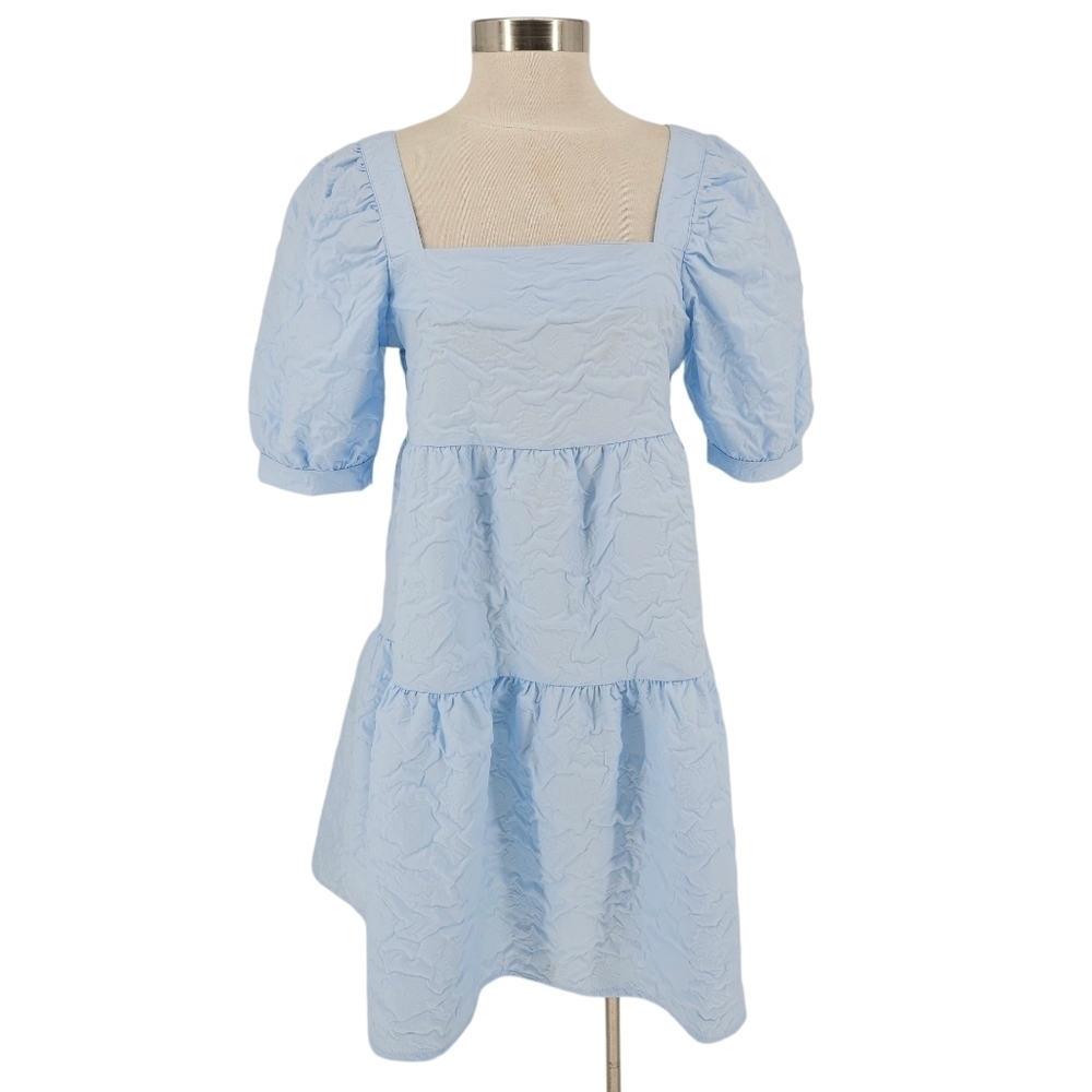 Mud Pie Barbara Tiered Shift Dress Blue Floral Jacquard Puff Short Sleeve Small